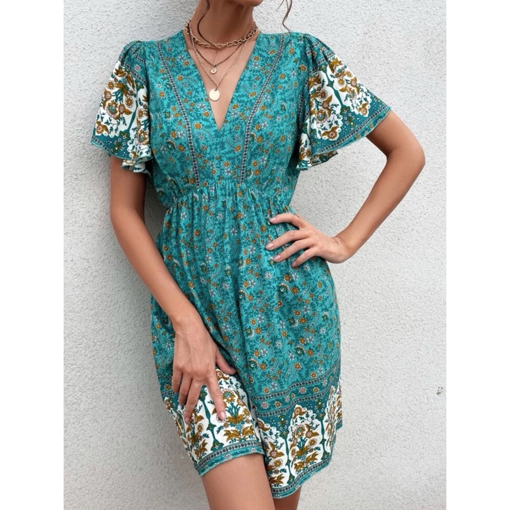 Bohemian Floral Print Butterfly Sleeve Cottagecore Dress XS S M L 1X 2X 3X 4X - Picture 3 of 5
